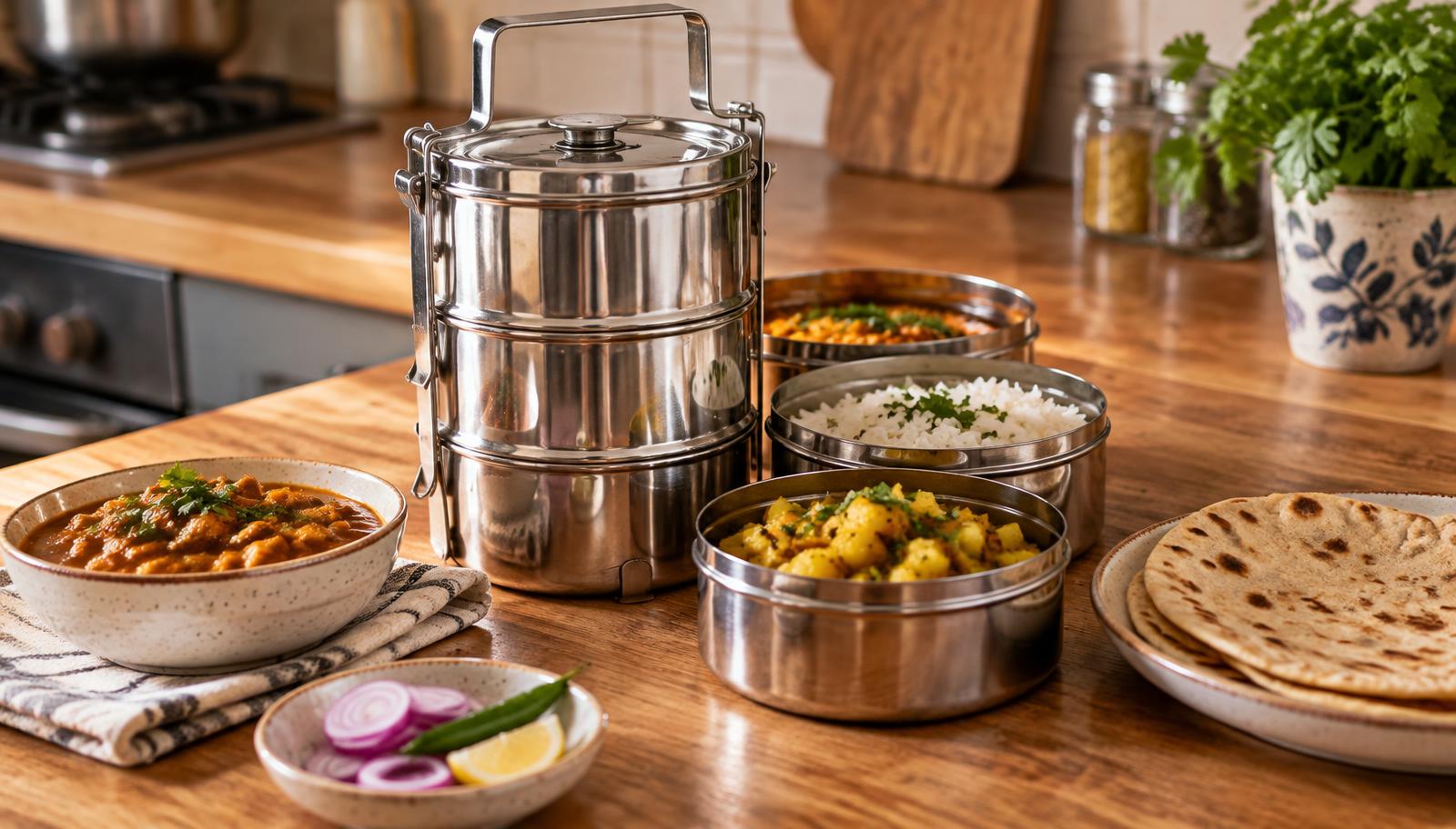 Stacked tiffin carrier with freshly cooked home-style Indian meals